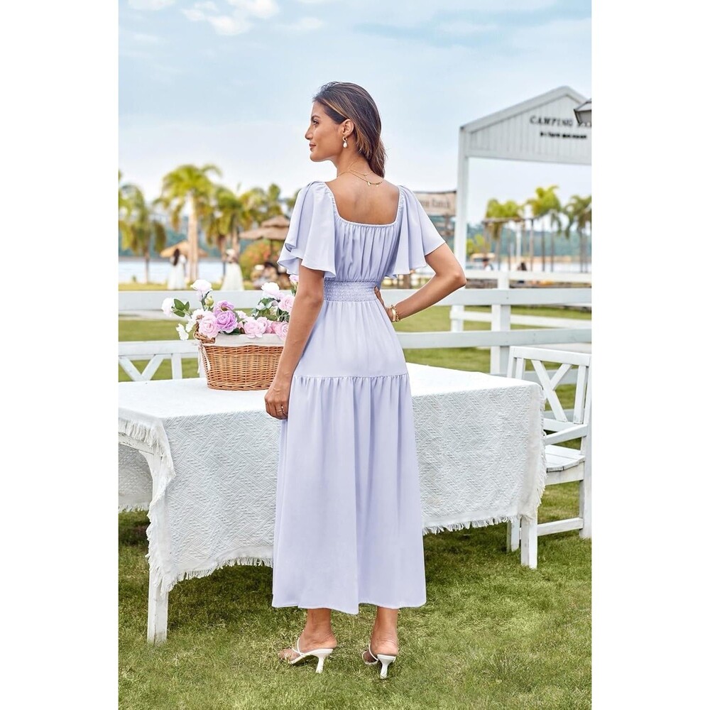 Square Neck Ruffle Sleeve Midi Dress GRACE KARIN Smocked Tiered Flowy - Picture 3 of 8